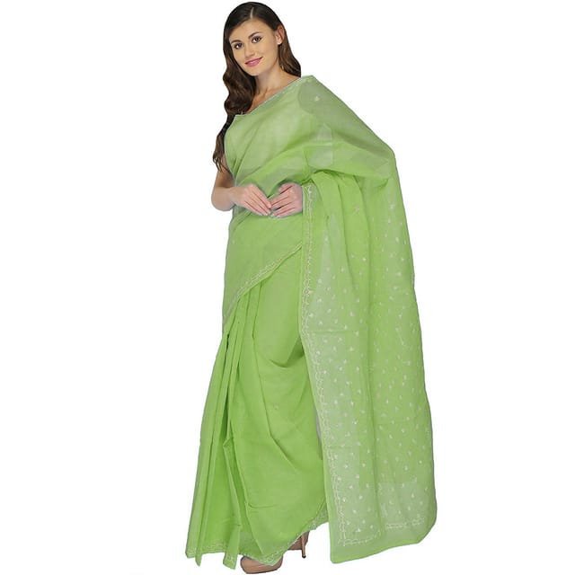 Lavangi Women Lucknowi Chikan Keel Work Sea Green Cotton Saree