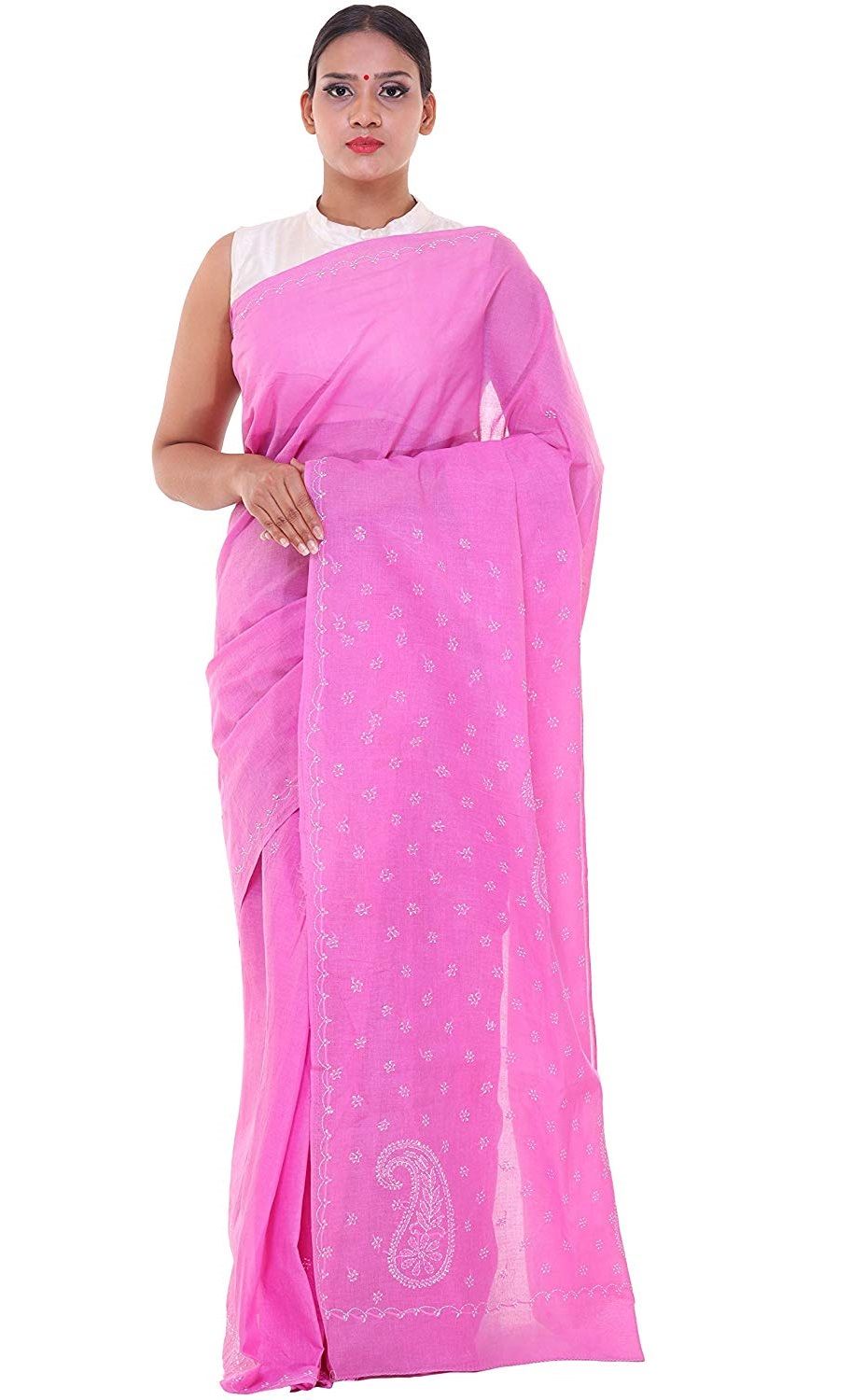 Lavangi Women Lucknow Chikankari Keel Work Onion Pink Cotton Saree With Blouse