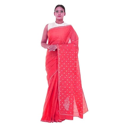 Lavangi Women Lucknow Chikankari Keel Work Gajari Cotton Saree With Blouse