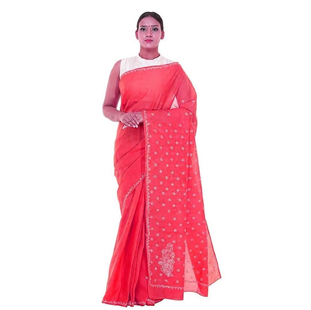 Lavangi Women Lucknow Chikankari Keel Work Gajari Cotton Saree With Blouse