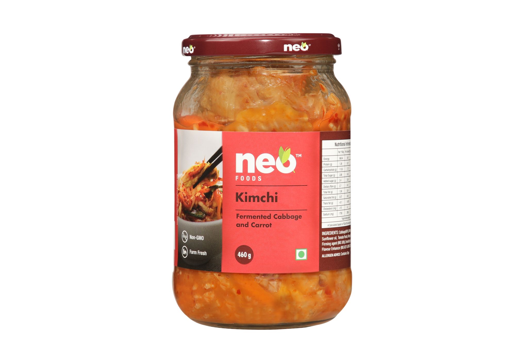 Neo Kimchi I Fermented Indian Cabbage & Carrot 460g I 100% Vegan I Made in India I Ready to Eat Organic Pickle I Healthy Food I Enjoy with Ramen Noodles, Kimchi Noodle, Korean Rice & Snacks I Probiotic-Rich Side Dish I Non GMO I 460g I Glass Jar |