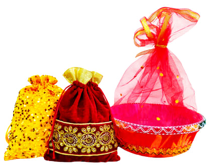 Omkar by R3 Inc. Royal Gift Basket & Shagun Potli Combo pack for Gifts Hampers | Fancy Gifting | Wedding Gifting|Shagun|Return Gift (Pack of 3 Large) Shagun Potli & Round Basket - Multi Color