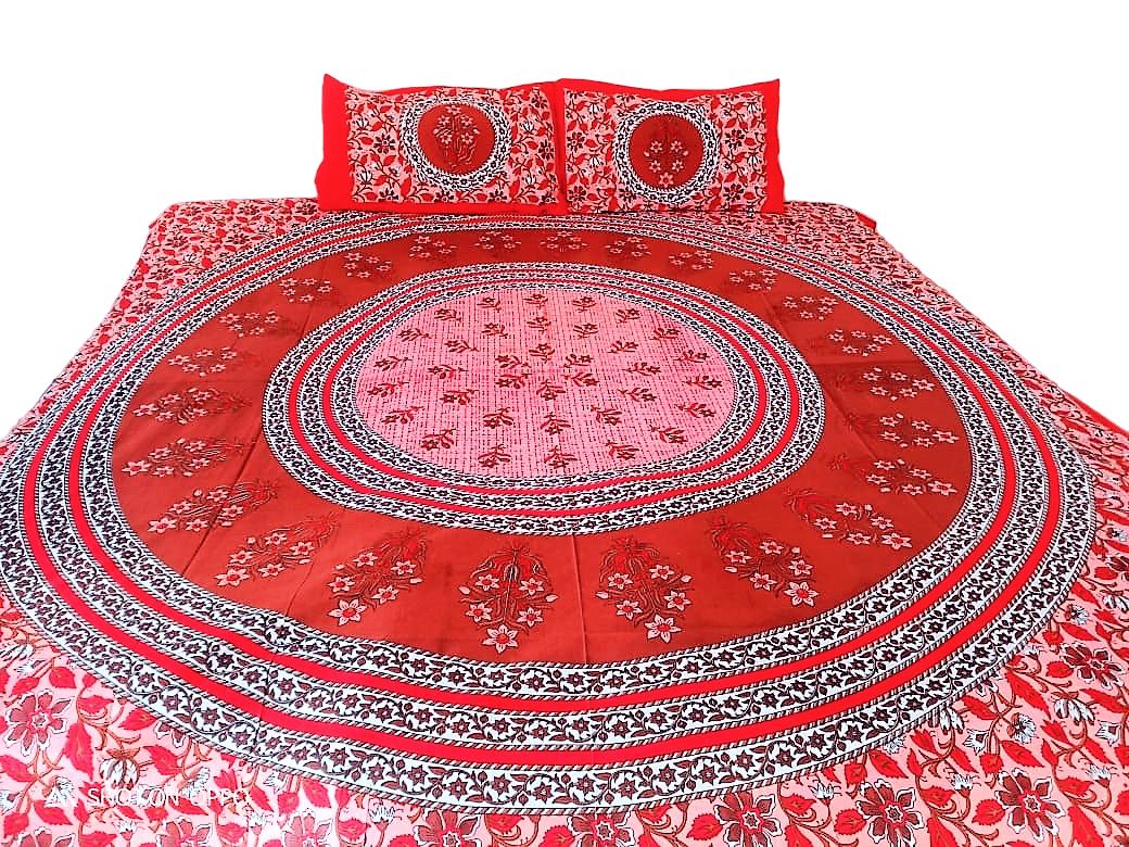 100% Cotton Red & Peach Double Bedsheet