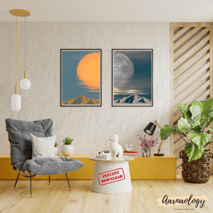 Sun and Moon Wall Art Set of 2, Day and Night, Mountain Poster, Mid Century Modern Print, Burnt Orange and Navy Blue