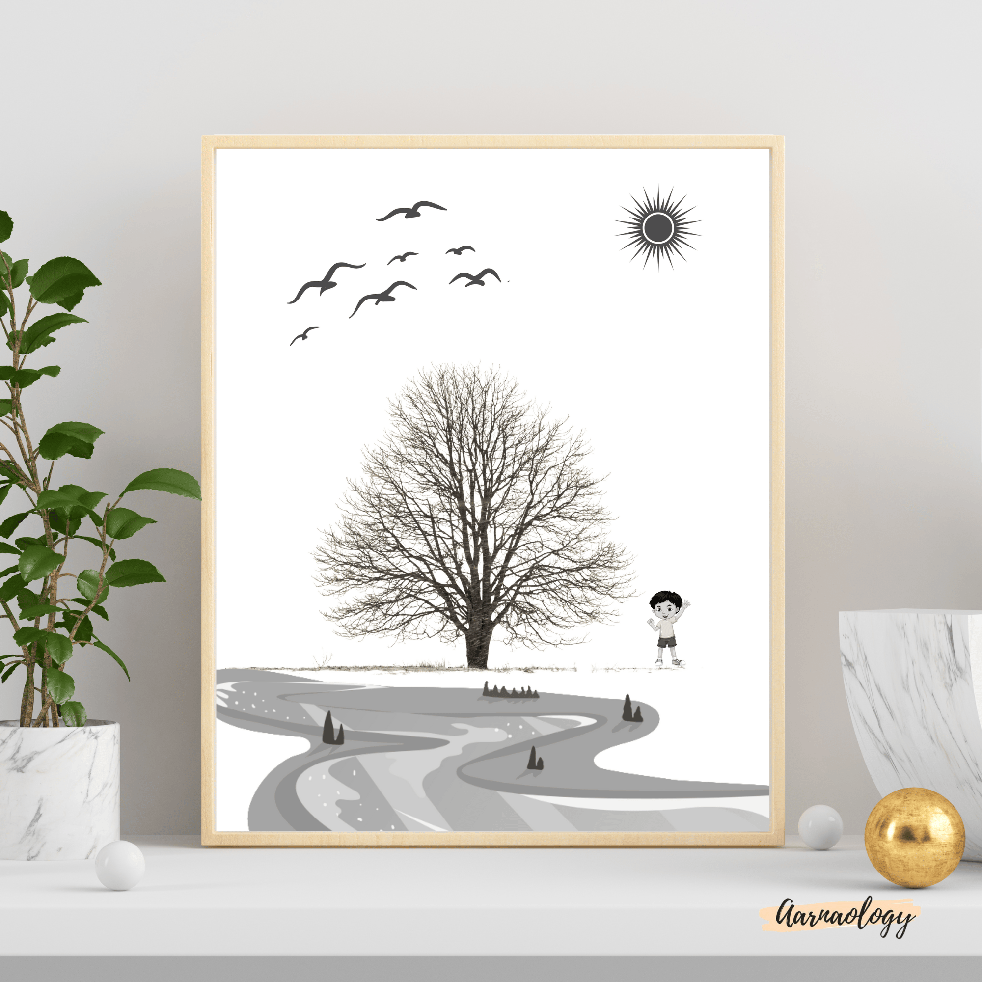 The Great Adventure Awaits: Boy, Tree, Birds, Sun, River Wall Decor Poster Peaceful Retreat Wall art Serene Scene Wild and Free