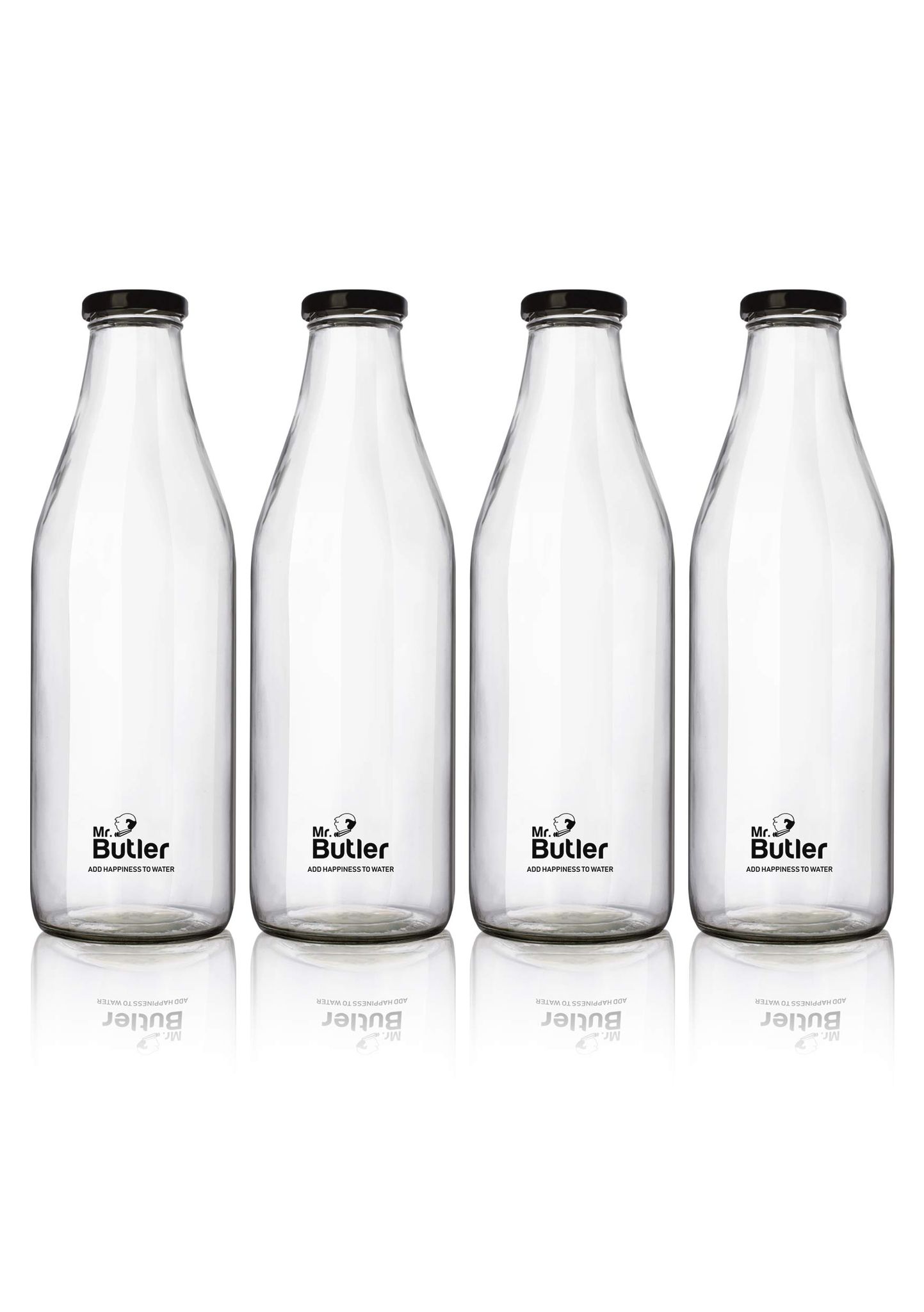 Mr. Butler Glass Bottle with Extra Caps, 1 Litre, Pack of 4, Clear