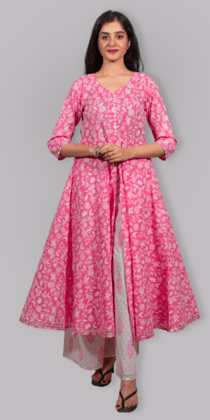 BE design_Cotton fashionable front slit pink printed kurti set with plazo