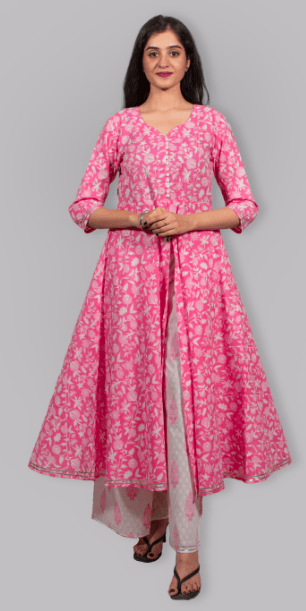 BE design_Cotton fashionable front slit pink printed kurti set with plazo