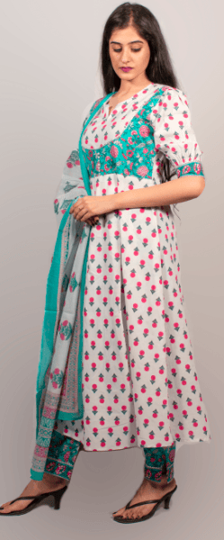 BE design_stylish wear cotton  white-blue printed kurti set with dupatta