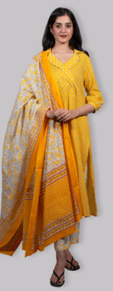 BE design_stylish Cotton yellow printed fashionable kurta set with dupatta