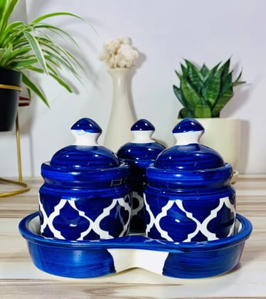 Homefrills Handcrafted Multi-Utility Storage Ceramic Jars & Containers with Lid & Tray for Kitchen & Dinning Table Snacks/Chutney/Pickle Serving jar set(3 jars with Lid & 1 Tray) Colour-Blue