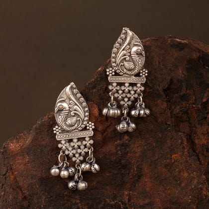 Silver Look Alike Oxidized Stud Ghunghru Earrings