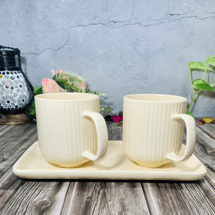 Homefrills Premium Stoneware Handmade Striped Design Ceramic Tea Cups & Milk/Coffee Mugs Along with Tray Microwave Dishwasher Safe - Pack of 3 (2 Cups and 1 Tray) Ivory, 300ml