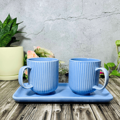 Homefrills Premium Stoneware Handmade Striped Design Ceramic Tea Cups & Milk/Coffee Mugs Along with Tray Microwave Dishwasher Safe - Pack of 3 (2 Cups and 1 Tray) Blue, 300ml