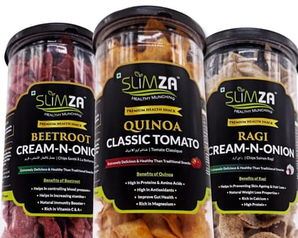 Slimza Healthy Premium Quality Chips | 450gm | Ragi Cream N Onion & Beetroot Cream N Onion | Quinoa Classic Tomato | Super-Combo (3x150g)