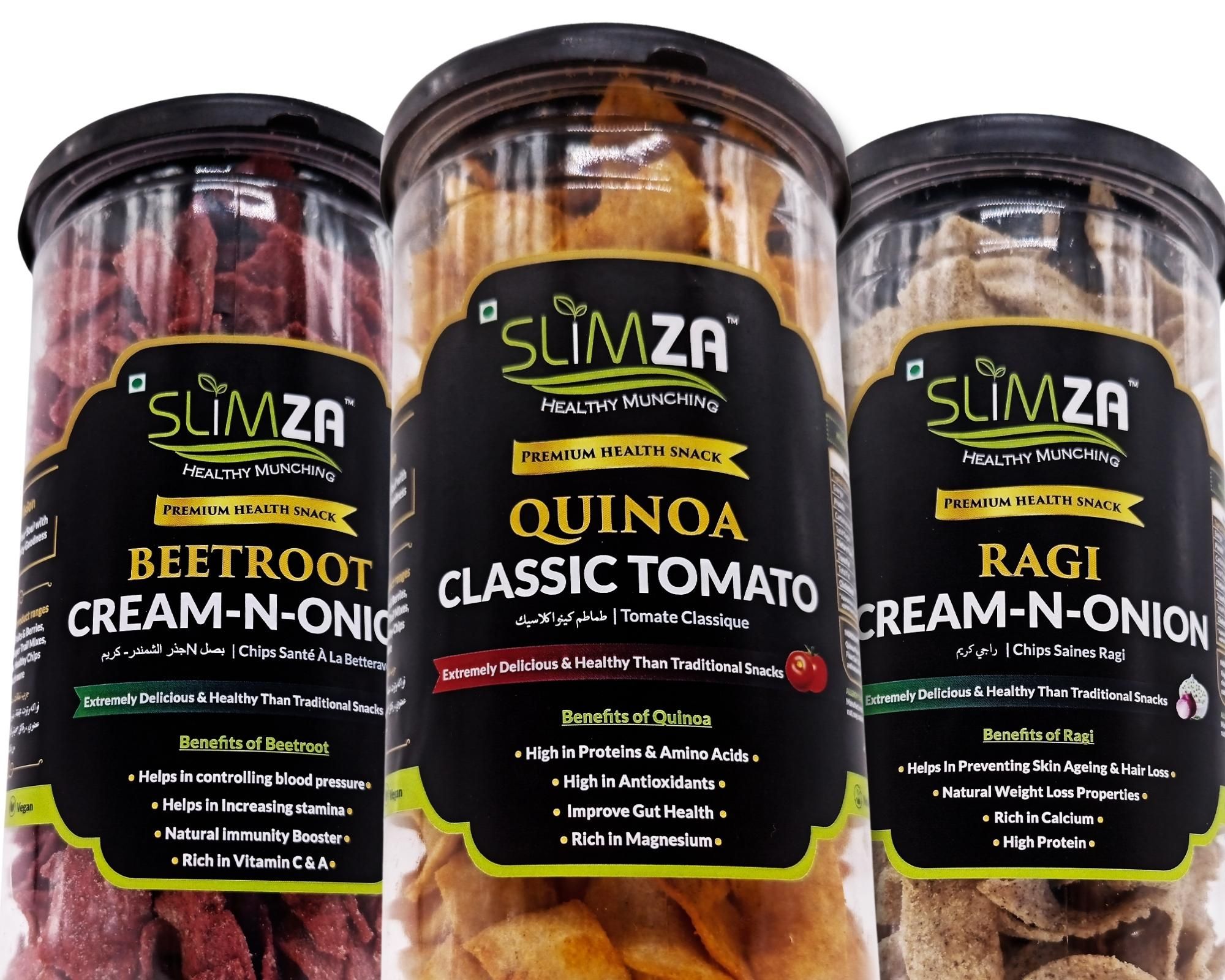 Slimza Healthy Premium Quality Chips | 450gm | Ragi Cream N Onion & Beetroot Cream N Onion | Quinoa Classic Tomato | Super-Combo (3x150g)