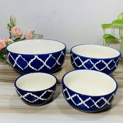 Homefrills Studio Pottery Hand-Painted Ceramic Serving & Mixing Bowls / Katoris for Snacks, Rice, Dal, Vegetables, Fruits, Salad, Noodles & Pasta Microwave Dishwasher Safe/BPA & Lead Free -Set of 4 Color -Blue