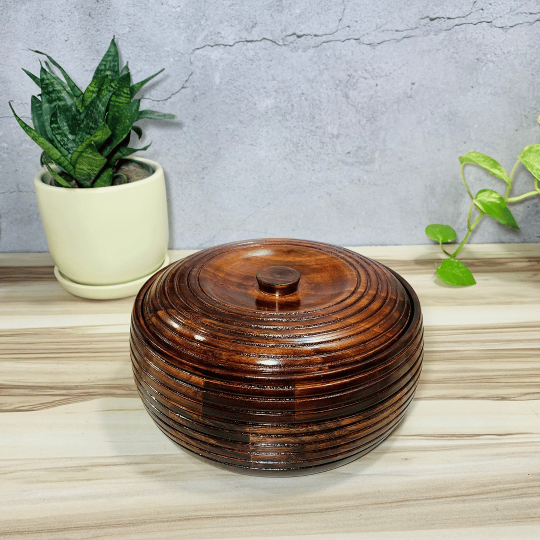 Homefrills Handicrafts Sheesham Wood Ring carved design Floral Chapati/Roti Box, Casserole,Wooden hotpot roti Box,chapati Holder, Hot Case Roti Server for Kitchen,Dinning Table Serveware Size-23*11 cm