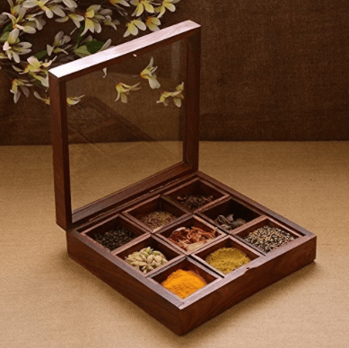 Homefrills Square Spice Box with Spoon in Sheesham Wood Multi-Utility Storage,Masala Dabba,Spice Rack,Masala box,Masala Spice Jars Container for Kitchen (9 Containers, Removable, Brown)