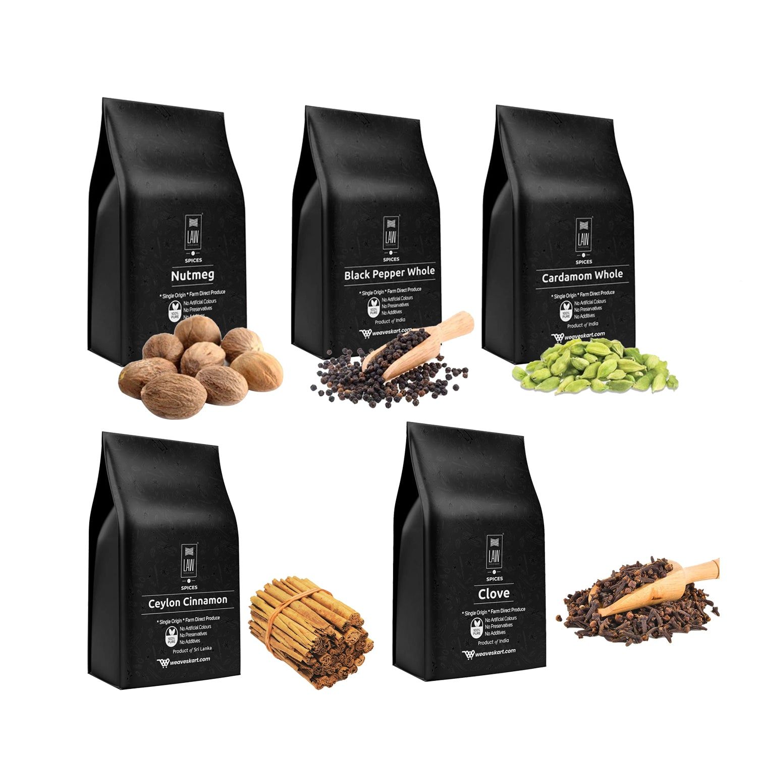 Gift Pack of Indian Spices – (Cardamom, Clove, Black Pepper, Ceylon Cinnamon & Nutmeg Whole) (Pouch)