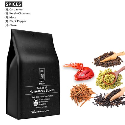 Gift Pack of Indian Spices – 100 gm Each Cardamom, Clove, Cinnamon Stick, Black Pepper, Mace