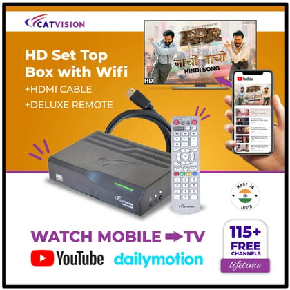 Catvision Free to Air HD Set Top Box | 115+ TV Channels Lifetime Free | Watch YouTube on TV | DD FreeDish WiFi Set Top Box | HDMI Cable+Deluxe Remote