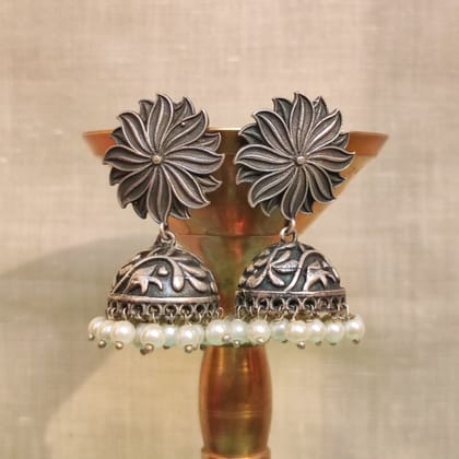 Silver look alike oxidized lotus jhumka earrings