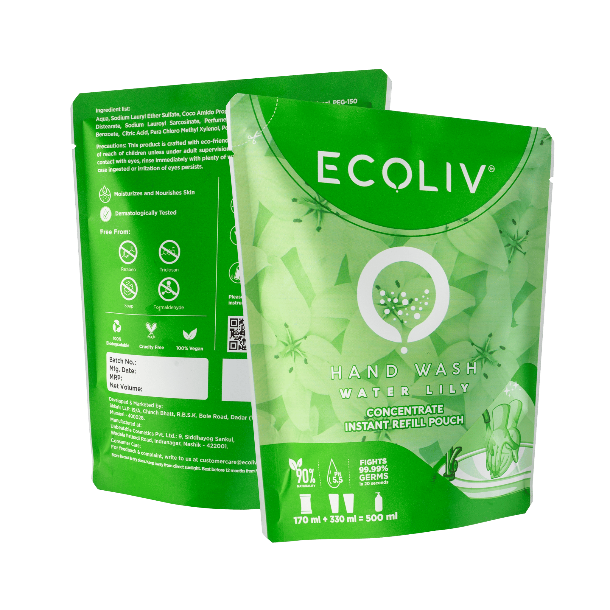 Ecoliv Liquid HandWash Water Lily Refill Concentrate 170 ml| Makes 500 ml each| Pack of 2| Plant Based and Ecofriendly Handwash| Fights 99.99% germs| pH 5.5| Gentle on Hands