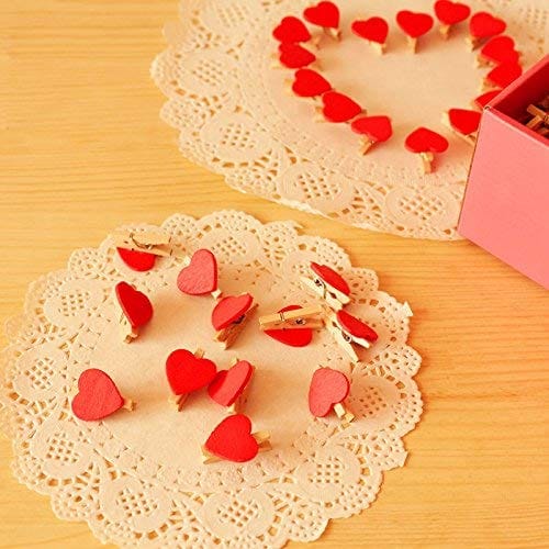 Tickright Cute Mini Wooden Photo/Paper Clips with Rope Used for Paper Crafts, Home Decor, Photographs, Gifts, Office memo Note Holder, Office Card Holder (Set of 20Pcs) (Red Heart)