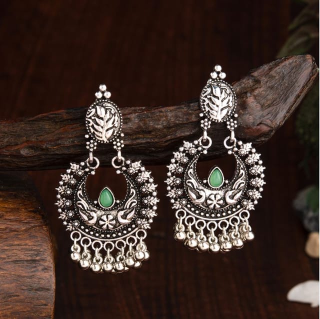 Shahnaz Long Silver Oxidized Chandbali Earrings – AryaFashions