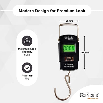 iScale Handy 50kg x 10g Digital Portable Hanging Weighing Scale with Stainless Steel Hook for Luggage, Cylinder, Fishing and Multipurpose Industrial Weighing Use