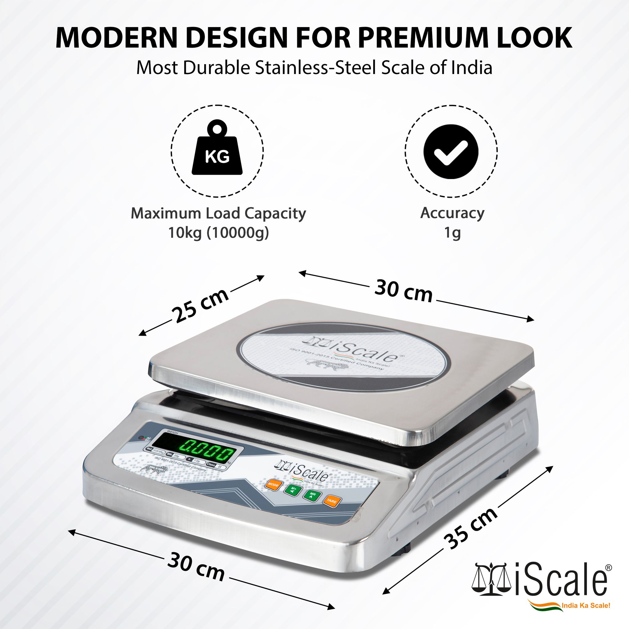 iScale IST i-07 30kg x 1g Stainless Steel Digital Weighing Scale with Front and Back Double Display for Kirana Shop, Kitchen and Commercial Purposes (10x12 inches)