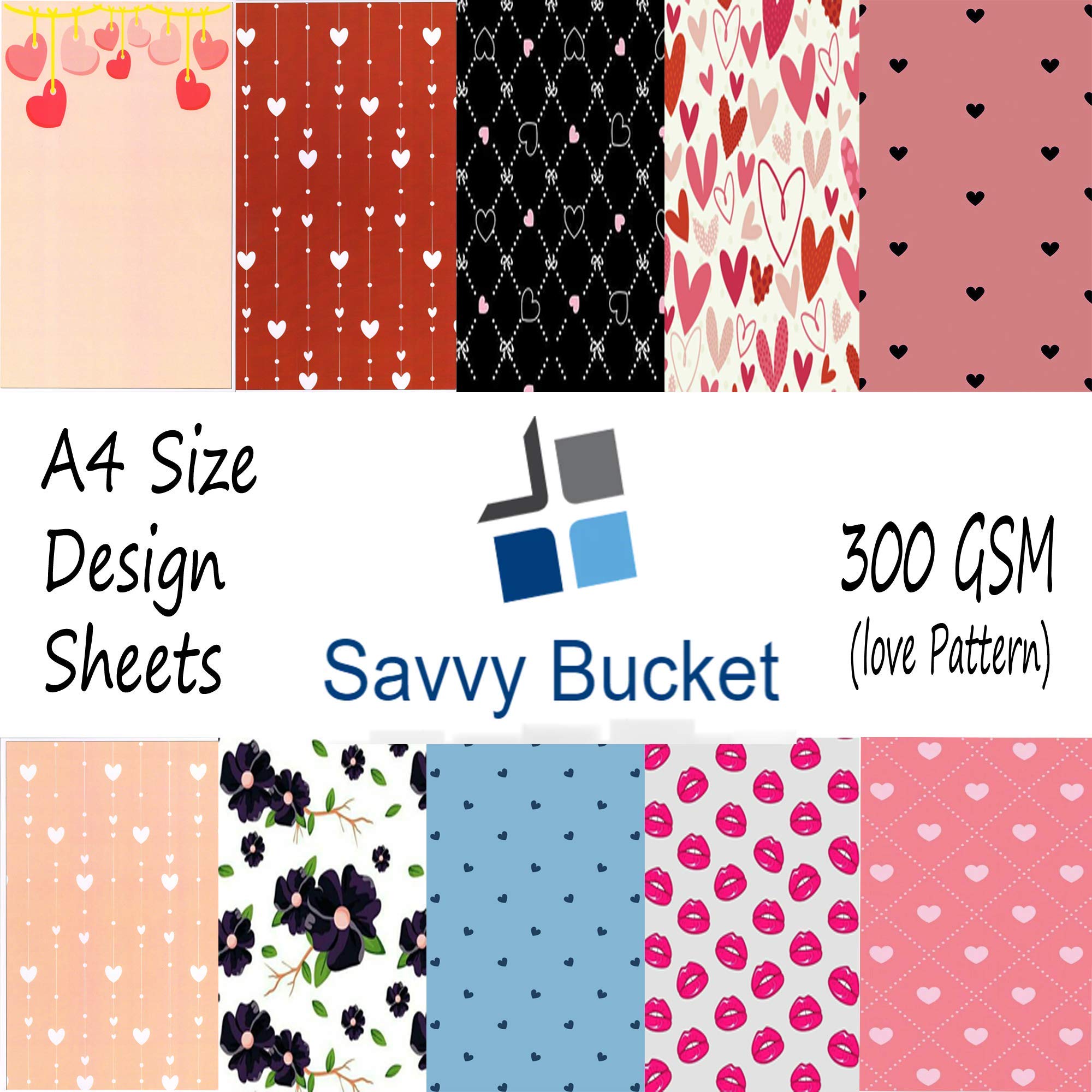 SavvyBucket||Scrapbooking Printed Sheets||Multi-Coloured||300 GSM Pack of 10 (1 Sheets per Design) Size A4