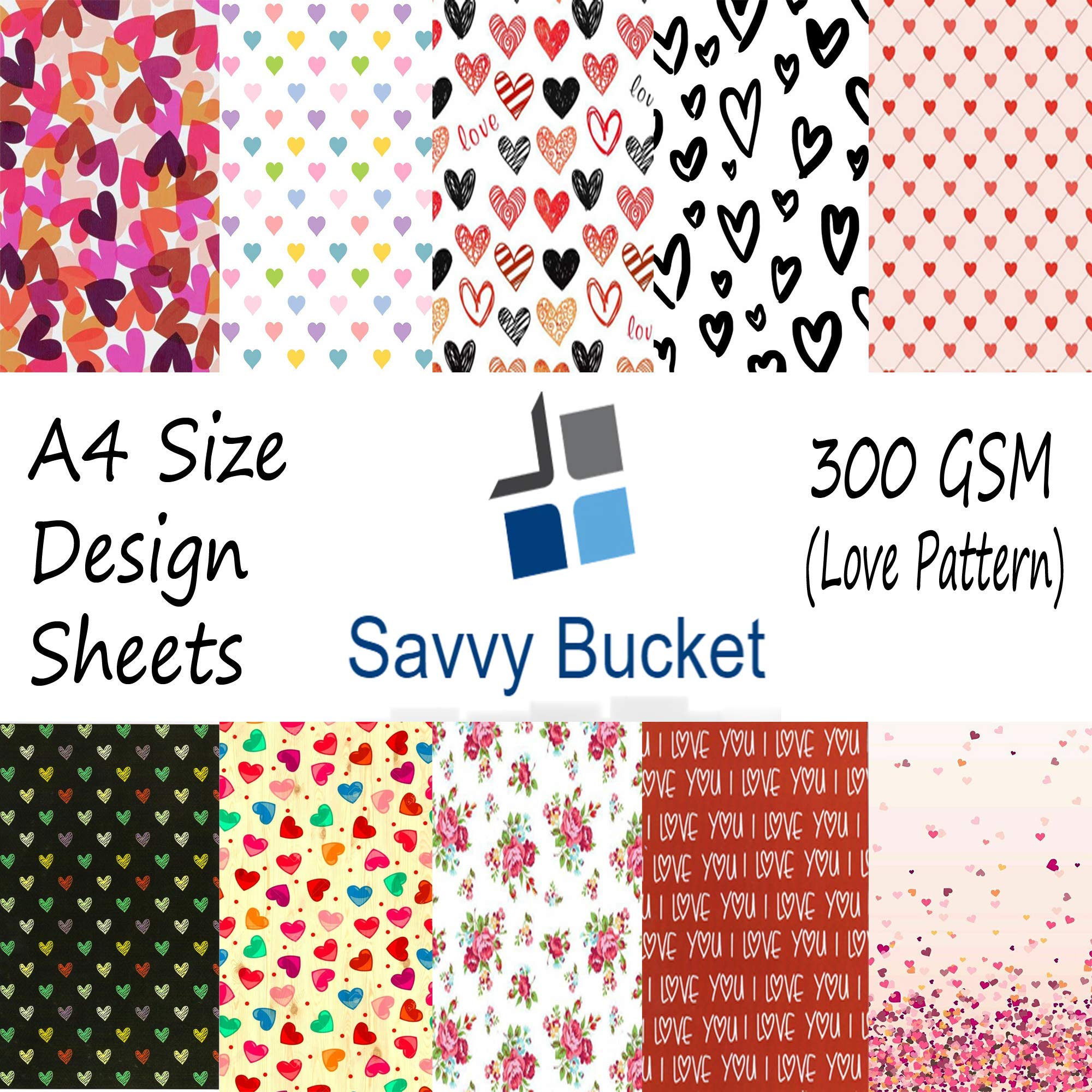 SavvyBucket||Scrapbooking Printed Sheets||Multi-Coloured||300 GSM Pack of 10 (1 Sheets per Design) Size A4