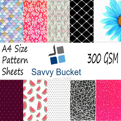 SavvyBucket||Scrapbooking Printed Sheets||Multi-Coloured||300 GSM Pack of 10 (1 Sheets per Design) Size A4