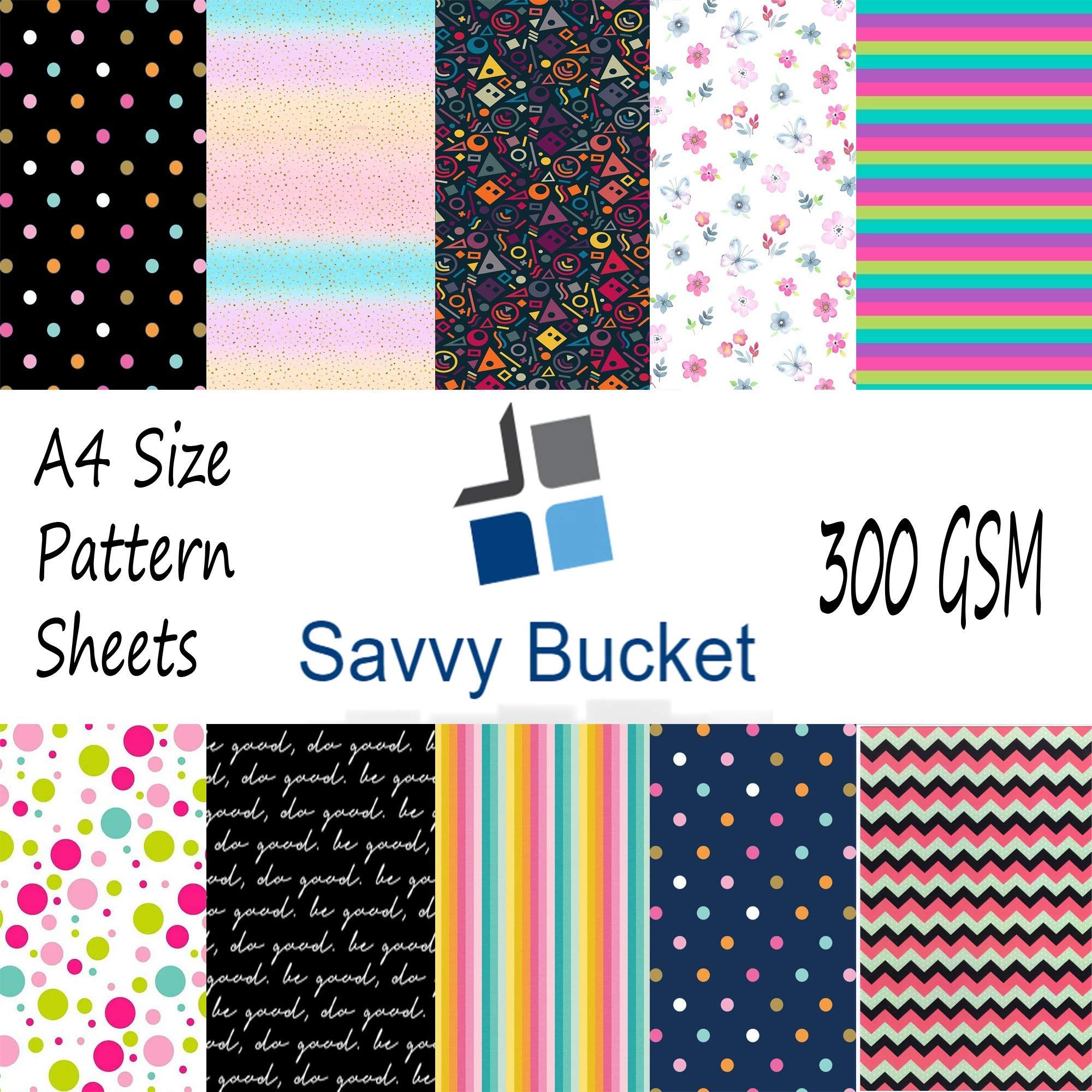 SavvyBucket||Scrapbooking Printed Sheets||Multi-Coloured||300 GSM Pack of 10 (1 Sheets per Design) Size A4