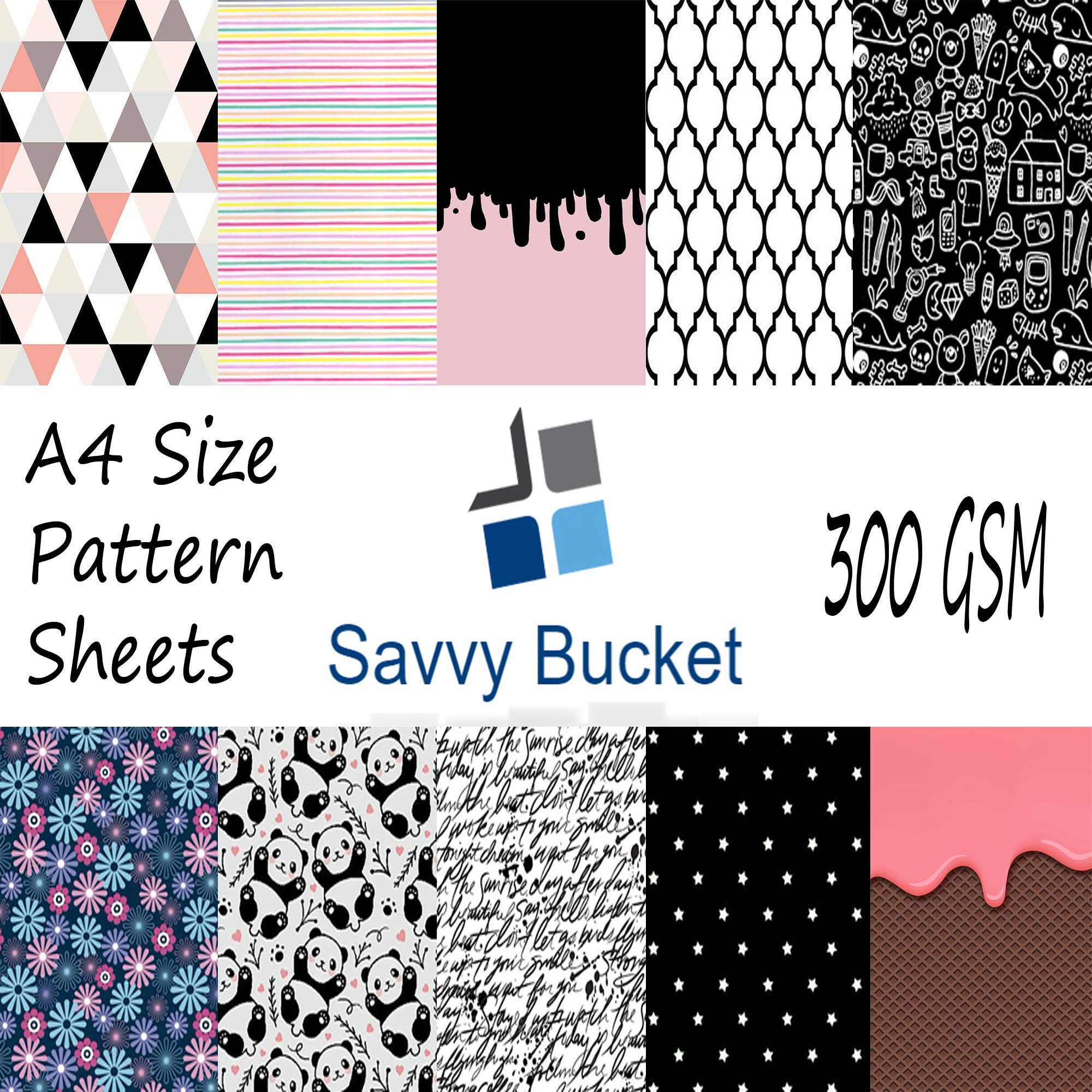 SavvyBucket||Scrapbooking Printed Sheets||Multi-Coloured||300 GSM Pack of 10 (1 Sheets per Design) Size A4