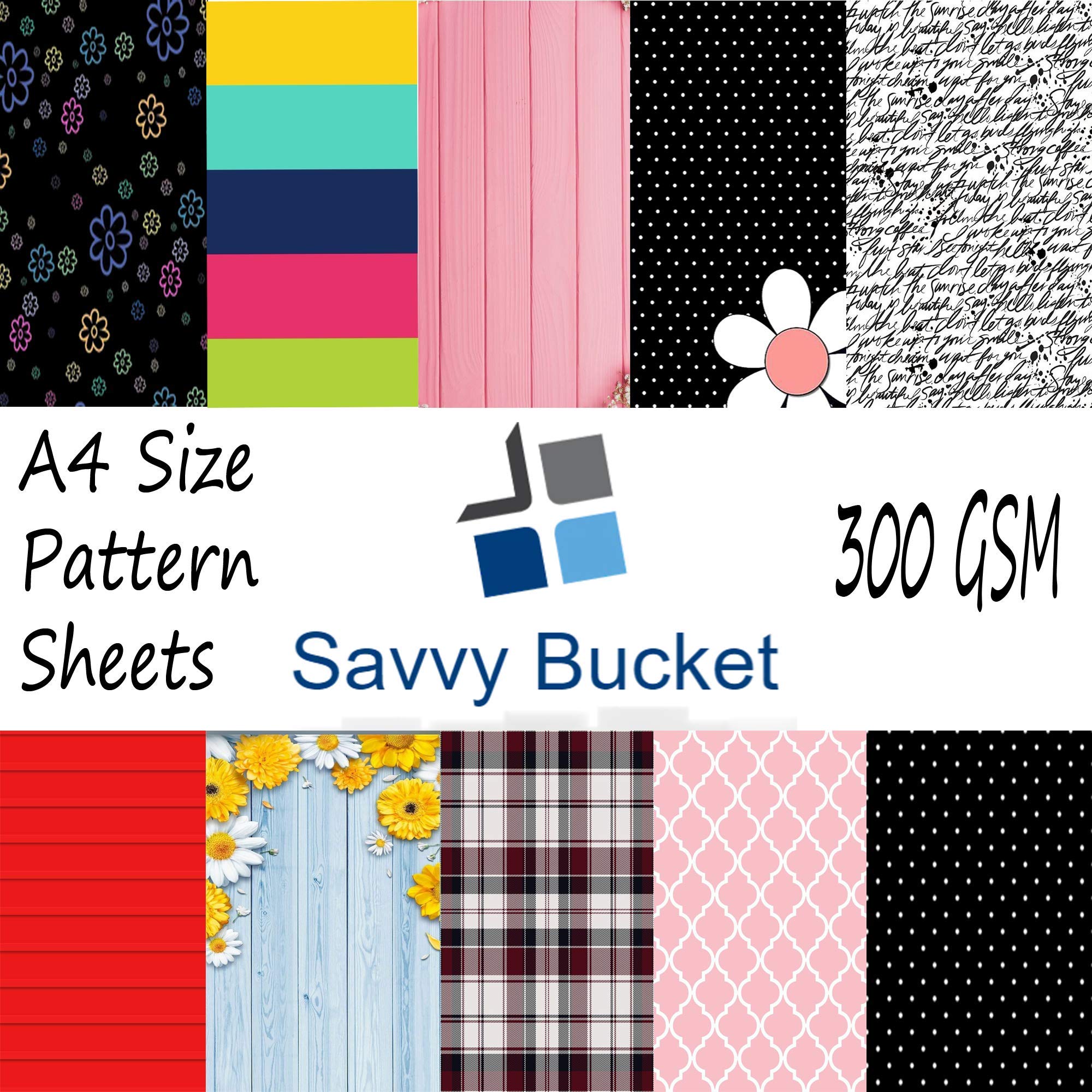 SavvyBucket||Scrapbooking Printed Sheets||Multi-Coloured||300 GSM Pack of 10 (1 Sheets per Design) Size A4