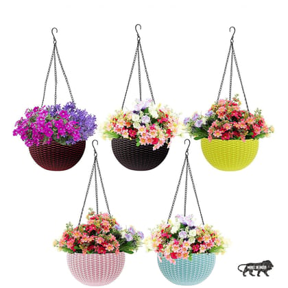 SavvyBucket||Plastic Hanging Pot, Multicolour, Pot Diameter -6.5 Inch, Pot Height -4.8 Inch, Pot Thickness -3 mm, Chain Length -13 inch Approx., 5 Pieces