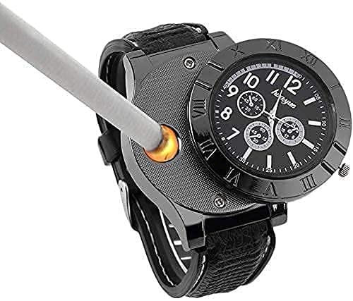 SAVVY BUCKET USB Cigarette Lighter Watch Rechargeable flameless Windproof Unique Designer Wristwatch 2 in 1 Watch Lighter for Cigarette (Black)