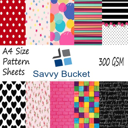 SavvyBucket||Scrapbooking Printed Sheets||Multi-Coloured||300 GSM Pack of 20 (2 Sheets per Design) Size A4