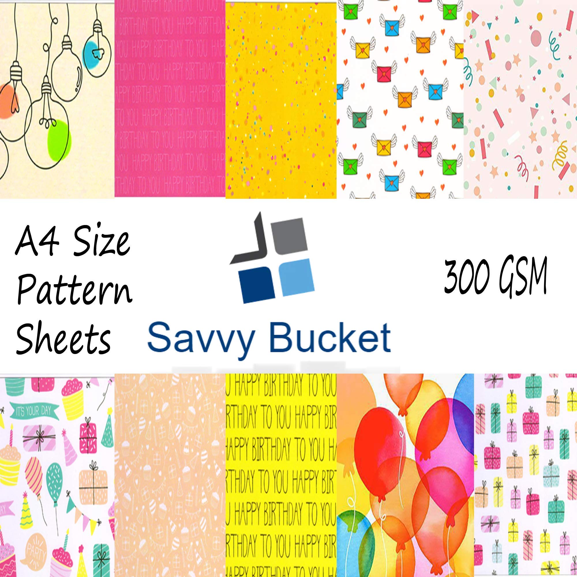 SavvyBucket||Scrapbooking Printed Sheets||Multi-Coloured||300 GSM Pack of 10 (1 Sheets per Design) Size A4