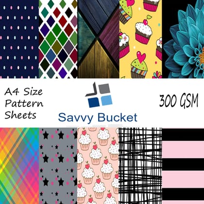 SavvyBucket||Scrapbooking Printed Sheets||Multi-Coloured||300 GSM Pack of 10 (1 Sheets per Design) Size A4