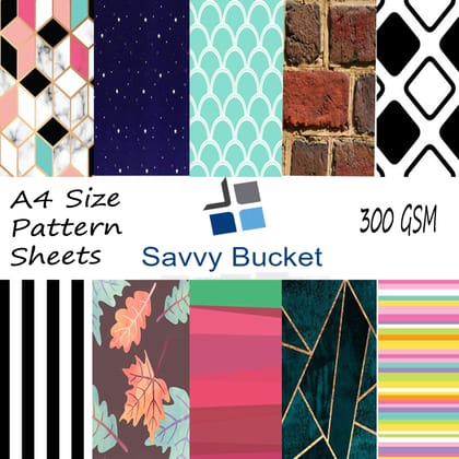 SavvyBucket||Scrapbooking Printed Sheets||Multi-Coloured||300 GSM Pack of 10 (1 Sheets per Design) Size A4