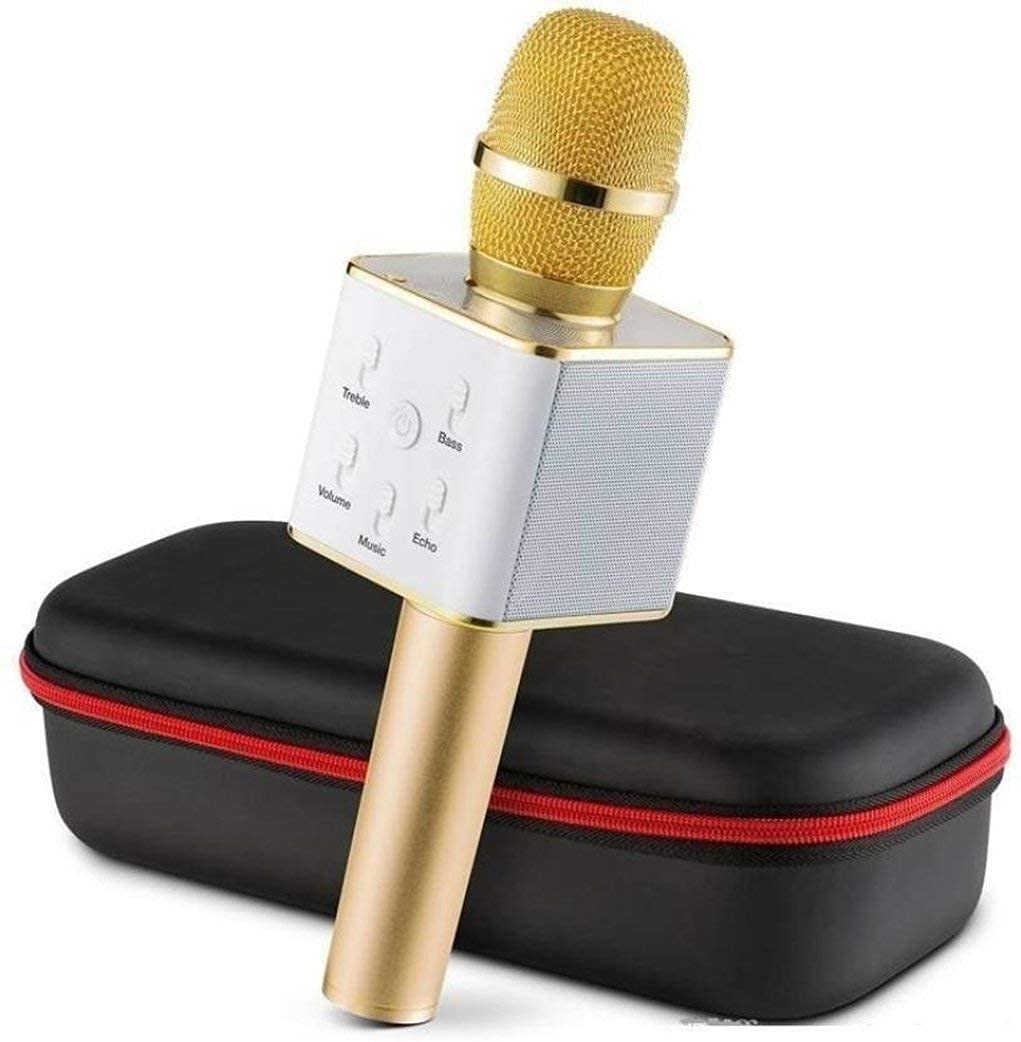 SAVVY BUCKET Q7 Wireless Mike Multi-Function Bluetooth Karaoke Microphone with Bluetooth Speaker for All Smart Phones (Gold)