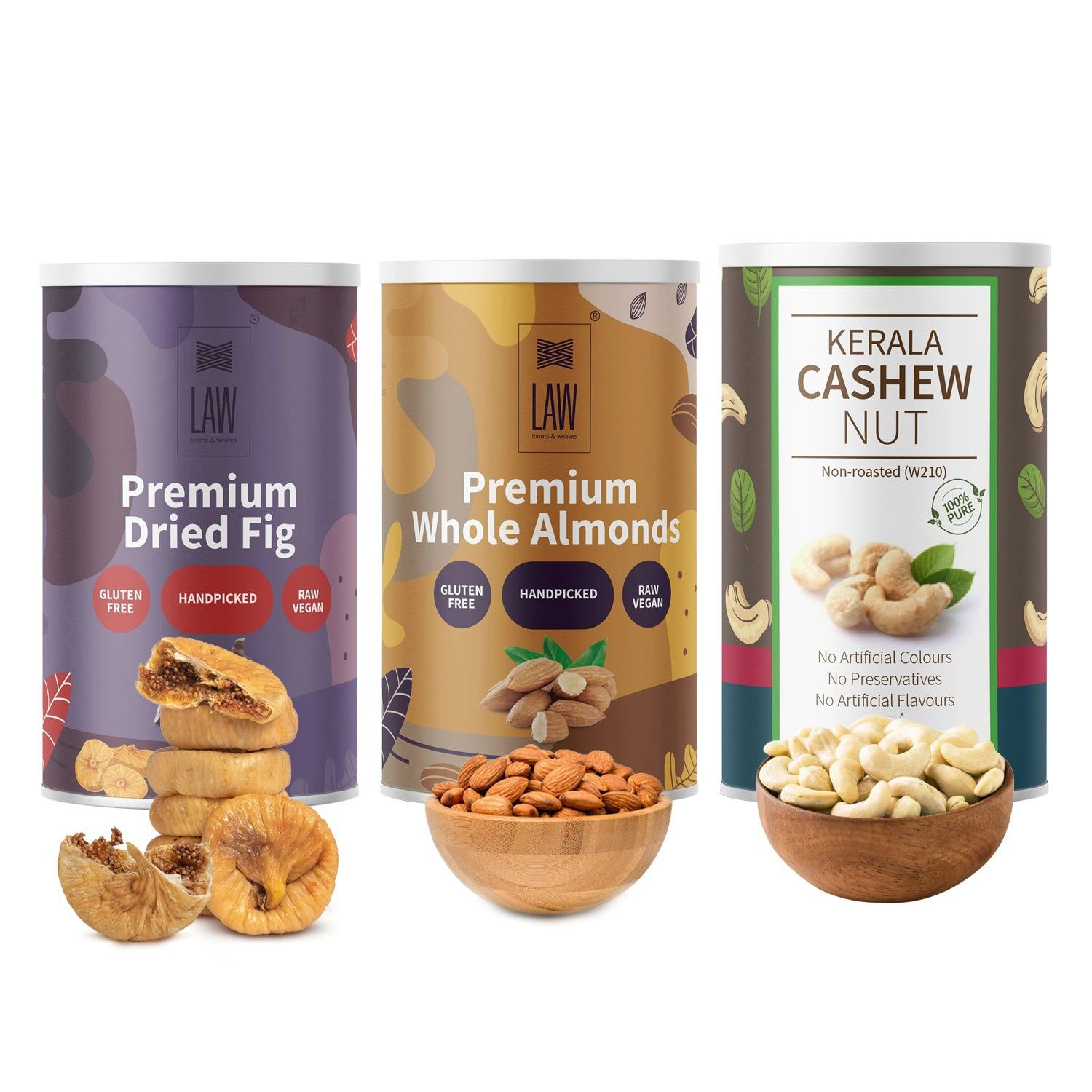 Gift Pack of premium quality dry fruits | Cashews, Mamra Almonds, Dried Figs | 250 gm each