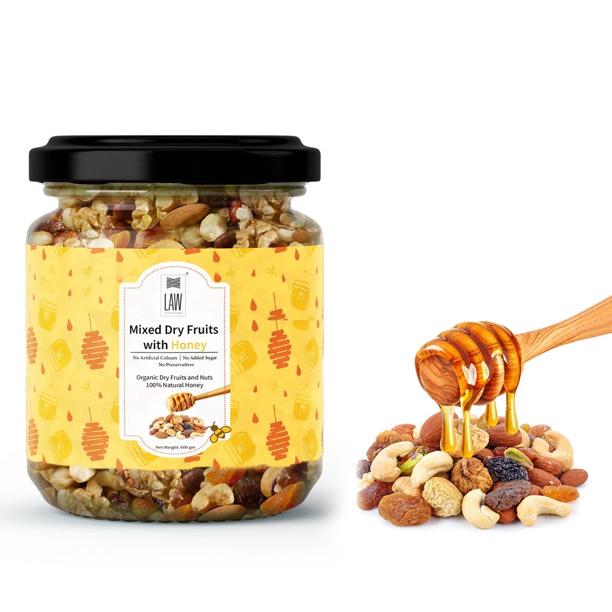 Healthy Mix Of Natural Honey With Different Nuts In A Jar On Blue