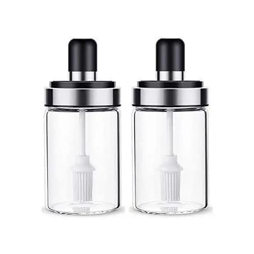 CARTBURG Oil jar with Brush - 2Pcs Airtight Transparent Borosilicate Glass Food Oil Storage Jar With Silicone Brush For Kitchen, Ghee, Butter, Oil Spread Brush For Hotel, Home, Cafe(250ml, Pack Of 2)