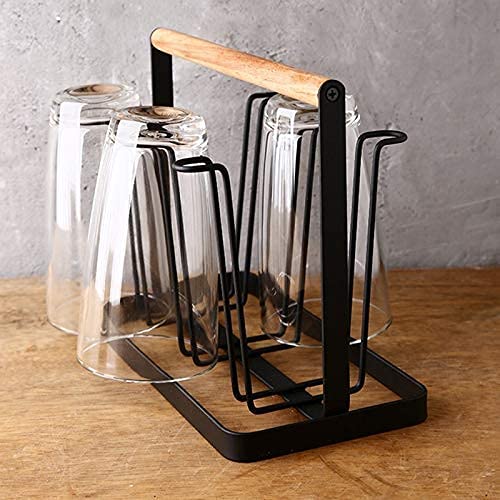 CARTBURG 6 Glass Holder - Black Glass Stand for Dining Mug Cup Organiser Shelf for Kitchen with Wooden Handle Kitchen Stand Organizer for Drinkware Drying Rack with 6 Hook