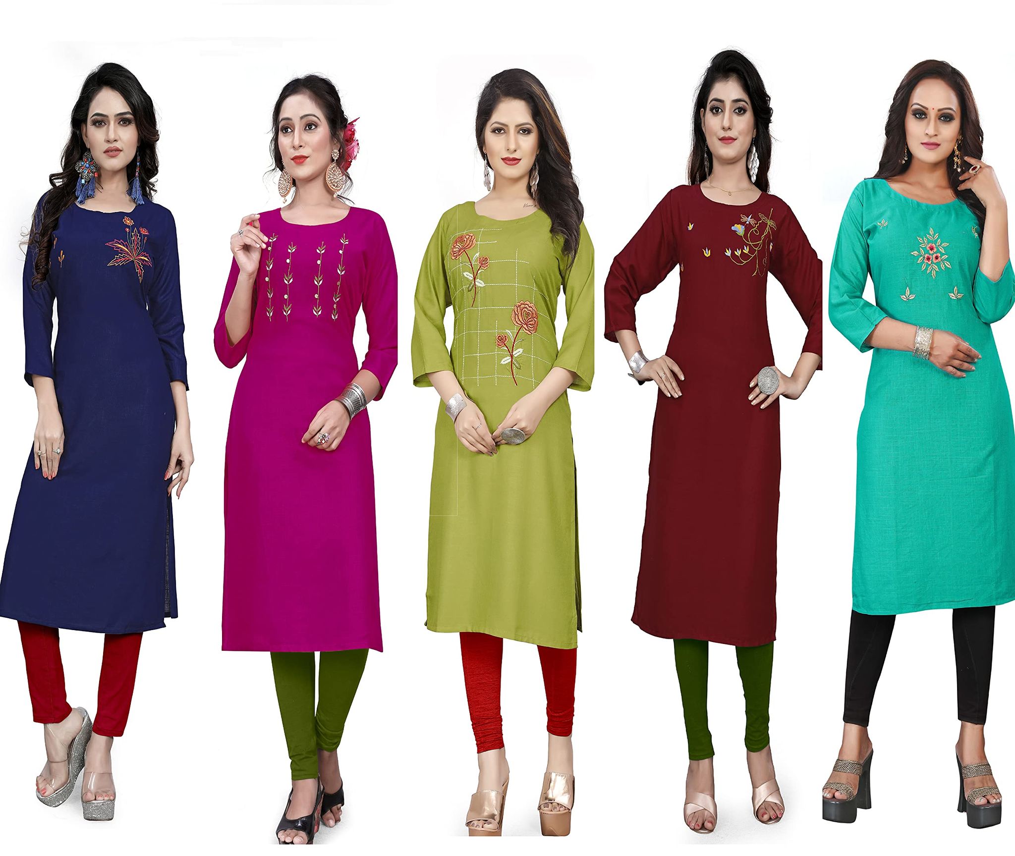 STYLEOO Rayon Kurta/kurties for Women and Girls Pack of 5, DARK BLUE, RANI, MAROON, LIGHT GREEN & SEA GREEN, L (ST-R1234-128)